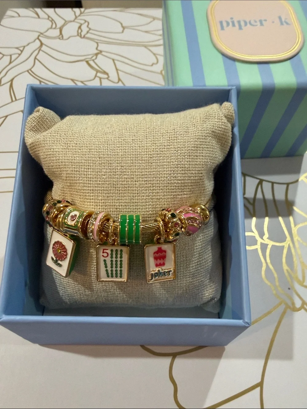 NEW Piper K Mahjong Hand Painted Bangle Bracelet Glass Stones Game Tiles White